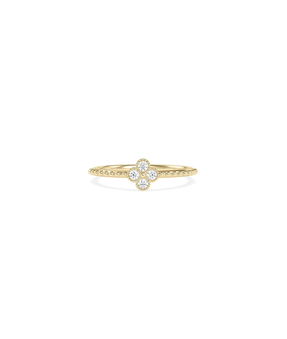Diamond Clover Beaded Band Ring in yellow gold with clover design and bead accents