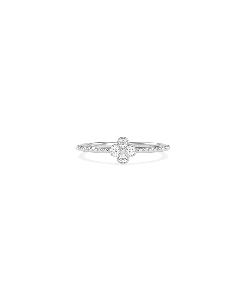 Diamond Clover Beaded Band Ring in white gold featuring lucky clover with diamonds