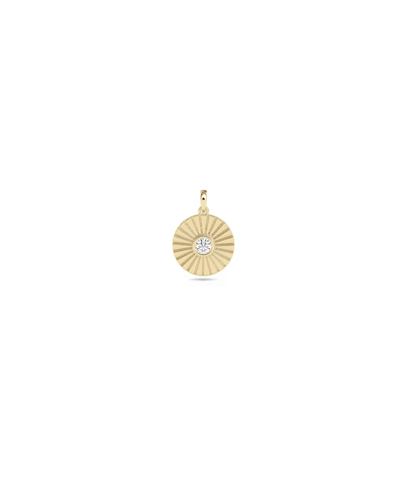 Fluted Circle Charm with Diamond Solitaire in yellow gold textured