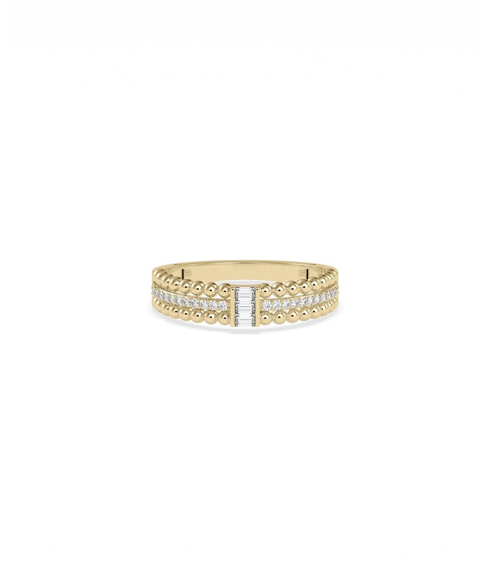 Diamond Baguette Cluster 3 Row Ring in yellow gold with three baguette rows and clusters