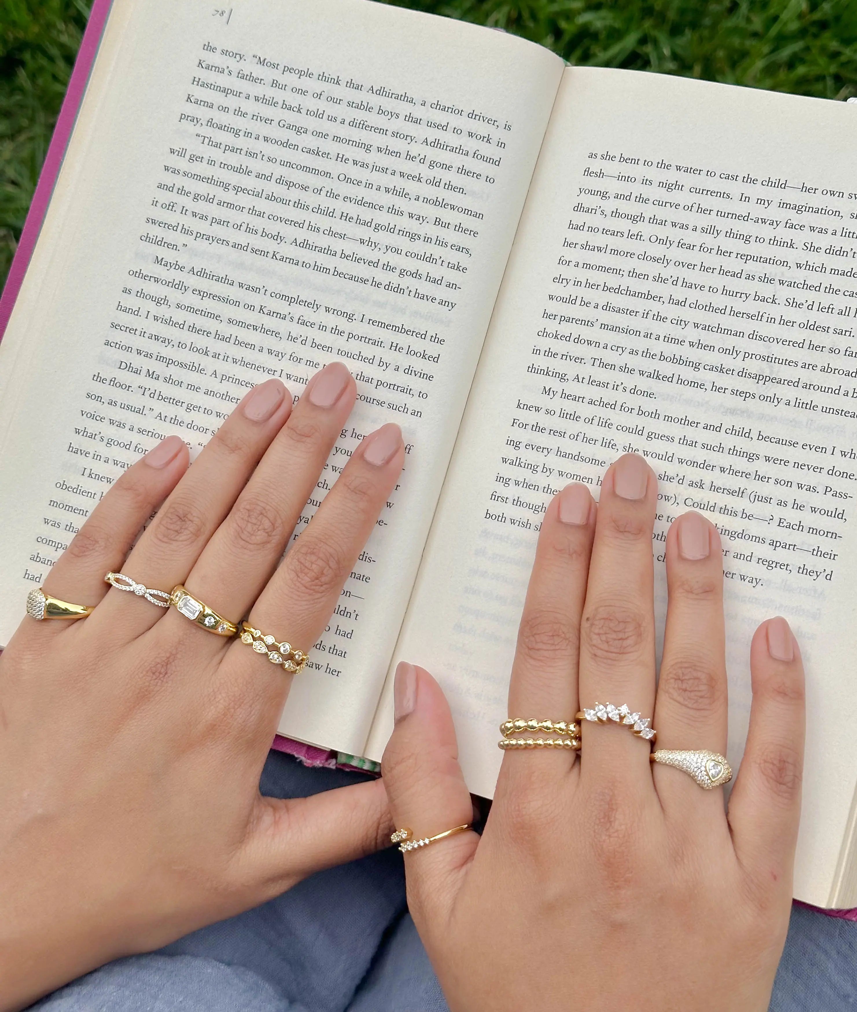 Multi-shape curved ring on hand highlighting flattering flowing finger placement