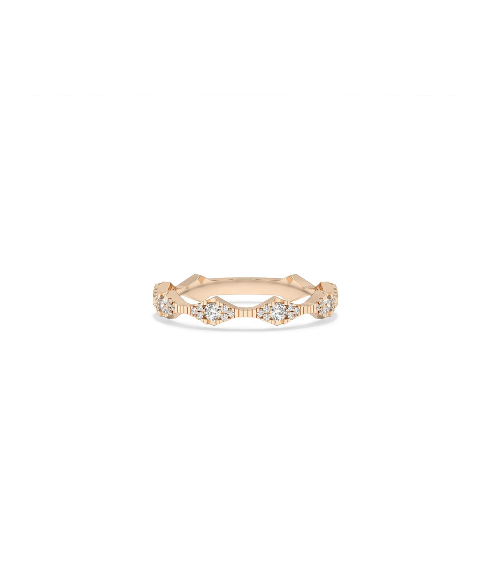 Rose gold Diamond Cluster and Fluted Band Ring with contrasting clusters and fluted grooves