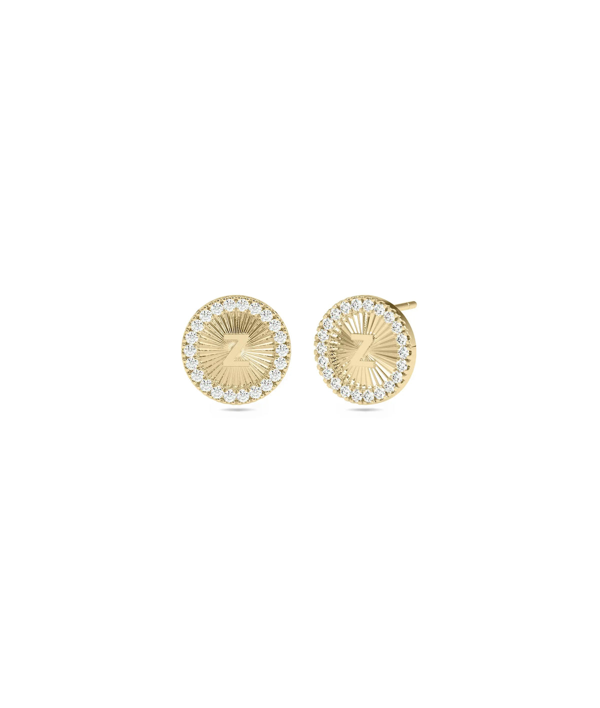 Diamond Halo Fluted Disc Earring with Gold Initial - 79e | Everyday 14K Gold Jewelry