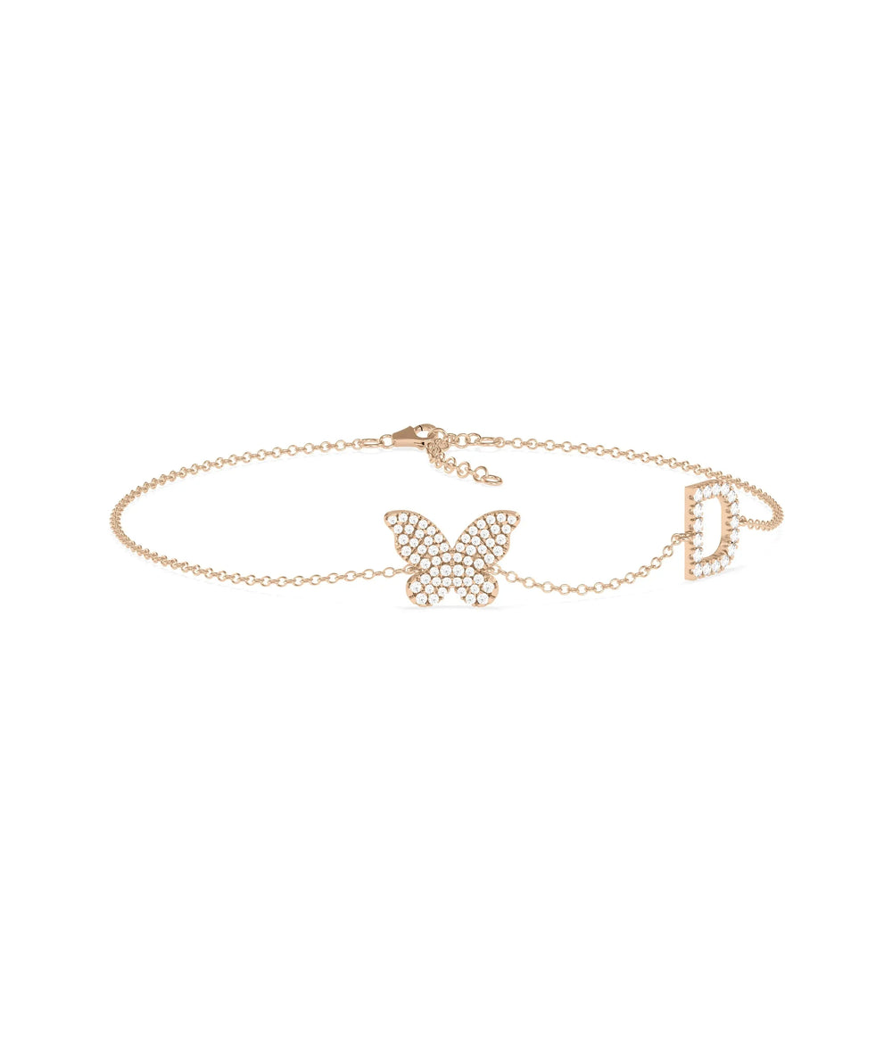 Diamond Initial and Butterfly Cable Chain Bracelet - 79e | Everyday 14K Gold Jewelry