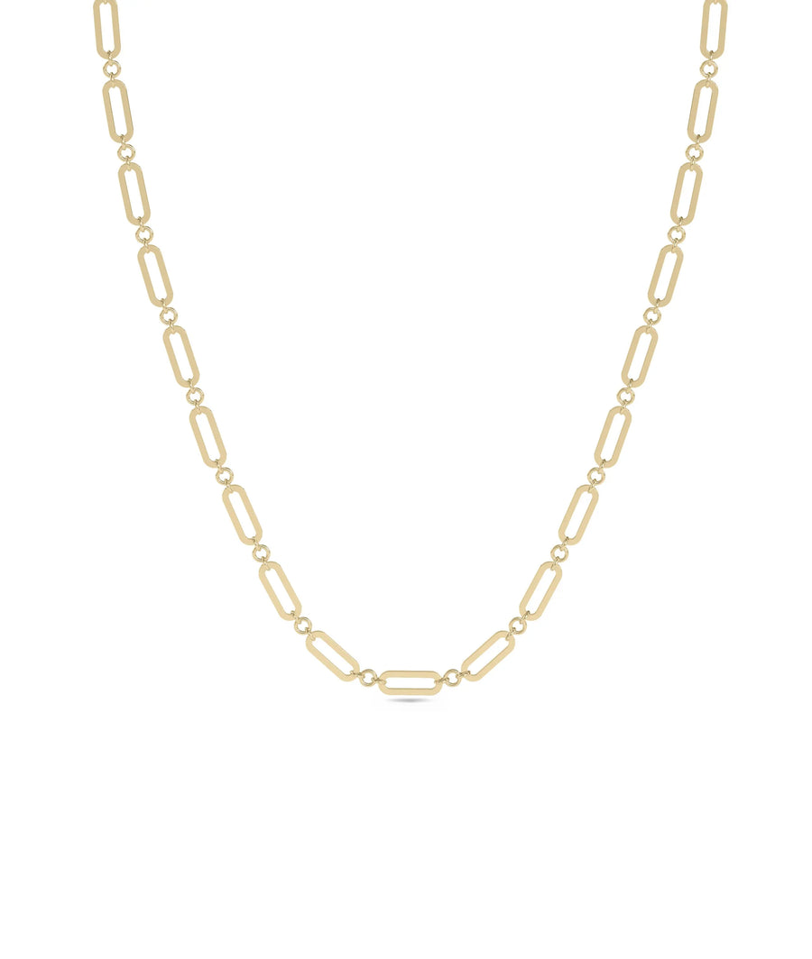 Paper Clip Necklace with diamonds in yellow gold front view showcasing modern chain link design