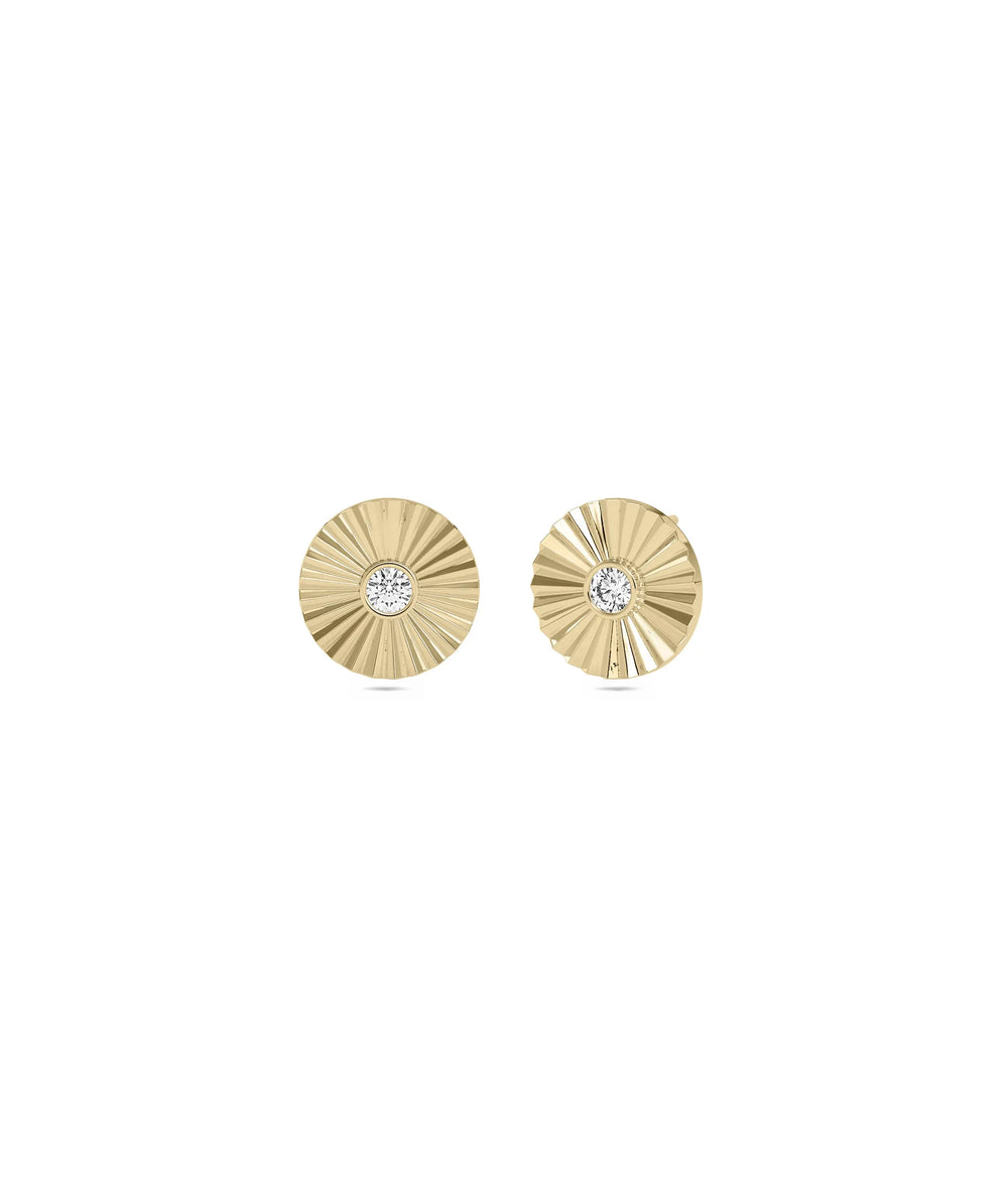 Fluted Disc Stud Earring Diamond Solitaire yellow gold textured