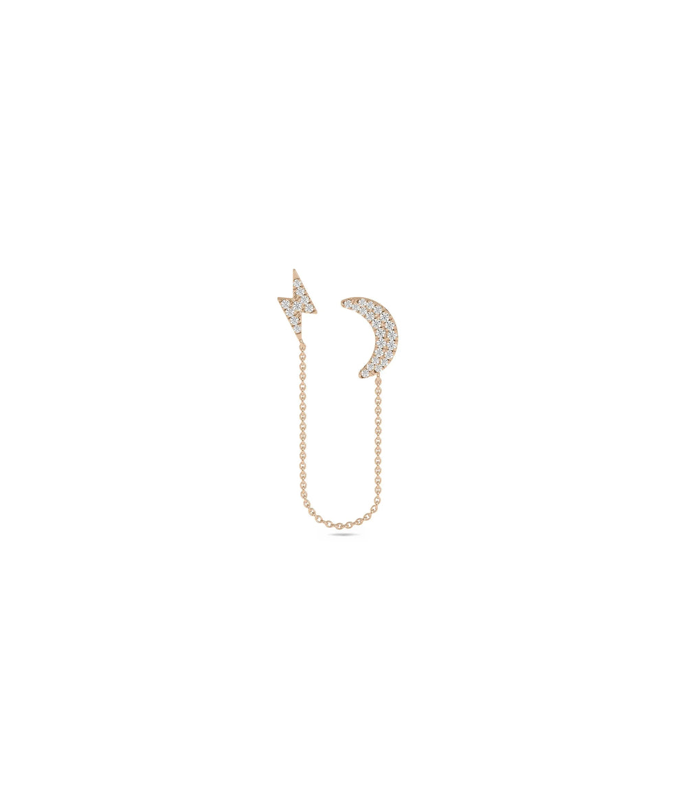 Lightening and Moon 2 Piercing Earring with Cable Chain - 79e | Everyday 14K Gold Jewelry