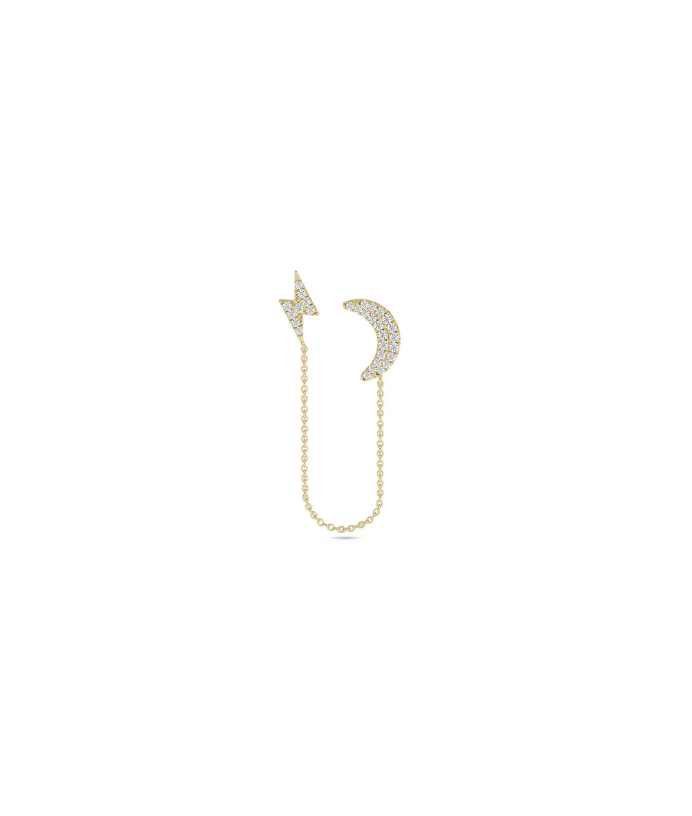 Lightening and Moon 2 Piercing Earring with Cable Chain - 79e | Everyday 14K Gold Jewelry
