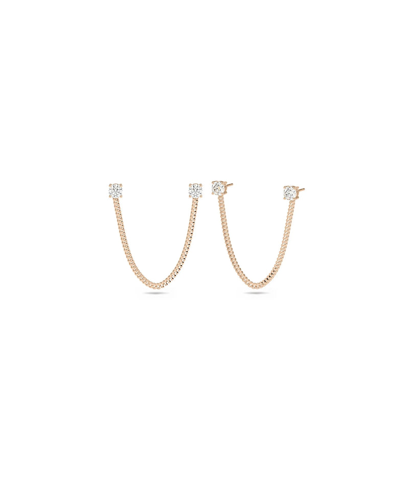 2 Piercing Diamond Solitaire Stud Earrings with Curb Link Chain - 79e | Everyday 14K Gold Jewelry