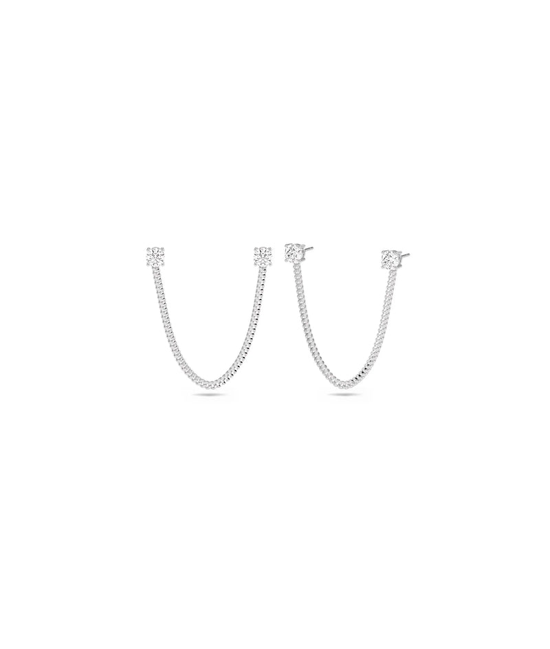 2 Piercing Diamond Solitaire Stud Earrings with Curb Link Chain - 79e | Everyday 14K Gold Jewelry