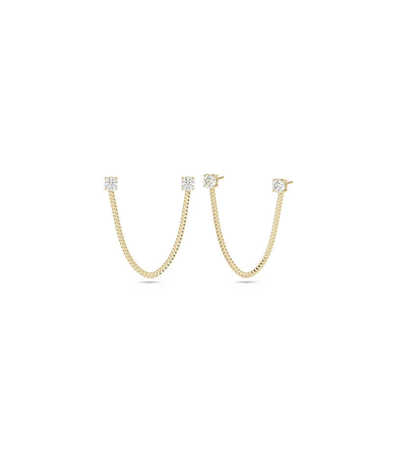 2 Piercing Diamond Solitaire Stud Earrings with Curb Link Chain - 79e | Everyday 14K Gold Jewelry