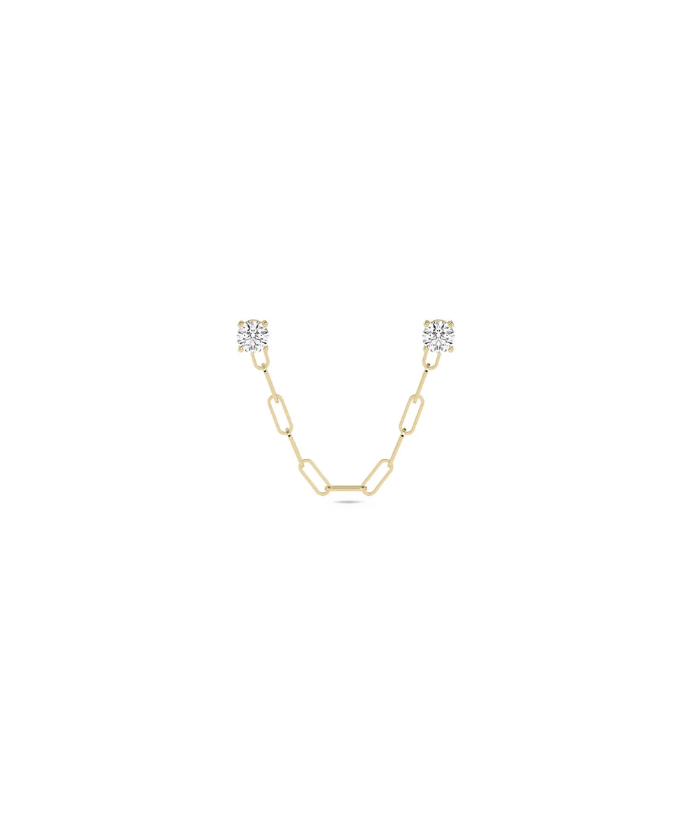 2 Piercing Diamond Solitaire Stud Earrings with Paper Clip Link Chain - 79e | Everyday 14K Gold Jewelry