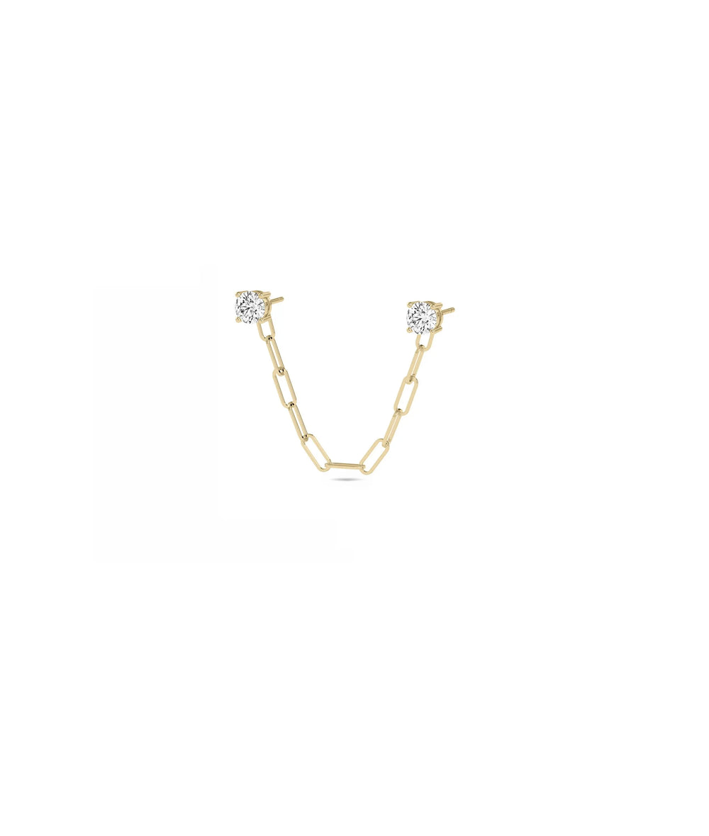 2 Piercing Diamond Solitaire Stud Earrings with Paper Clip Link Chain - 79e | Everyday 14K Gold Jewelry