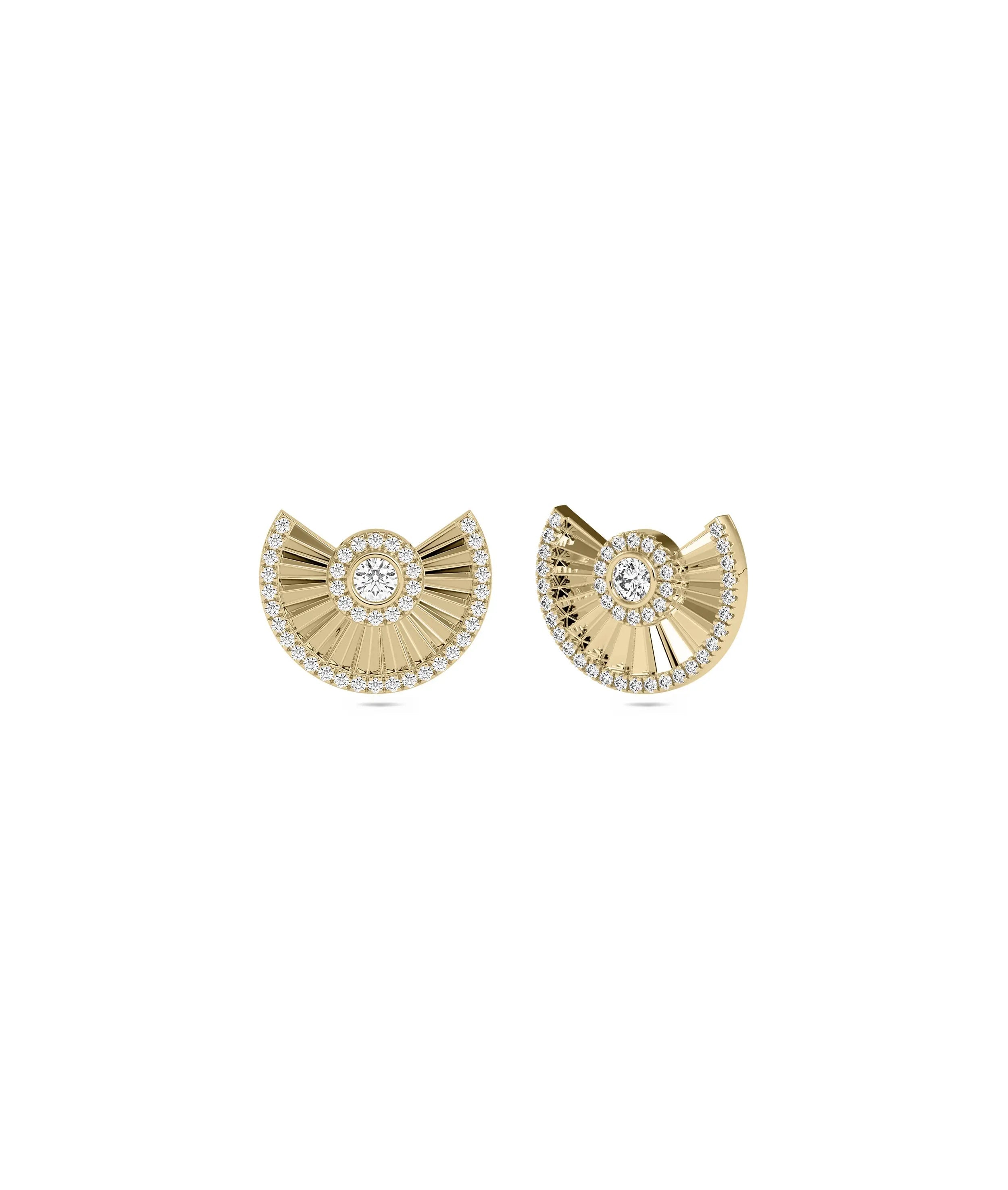 Diamond Gold Fan Stud Earrings yellow gold Art Deco design