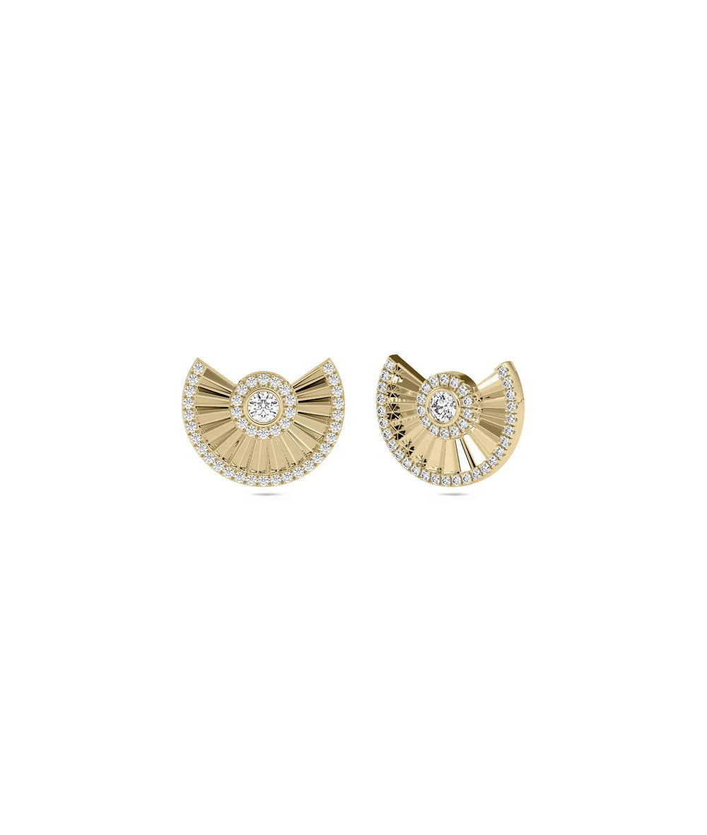 Diamond Gold Fan Stud Earrings yellow gold Art Deco design