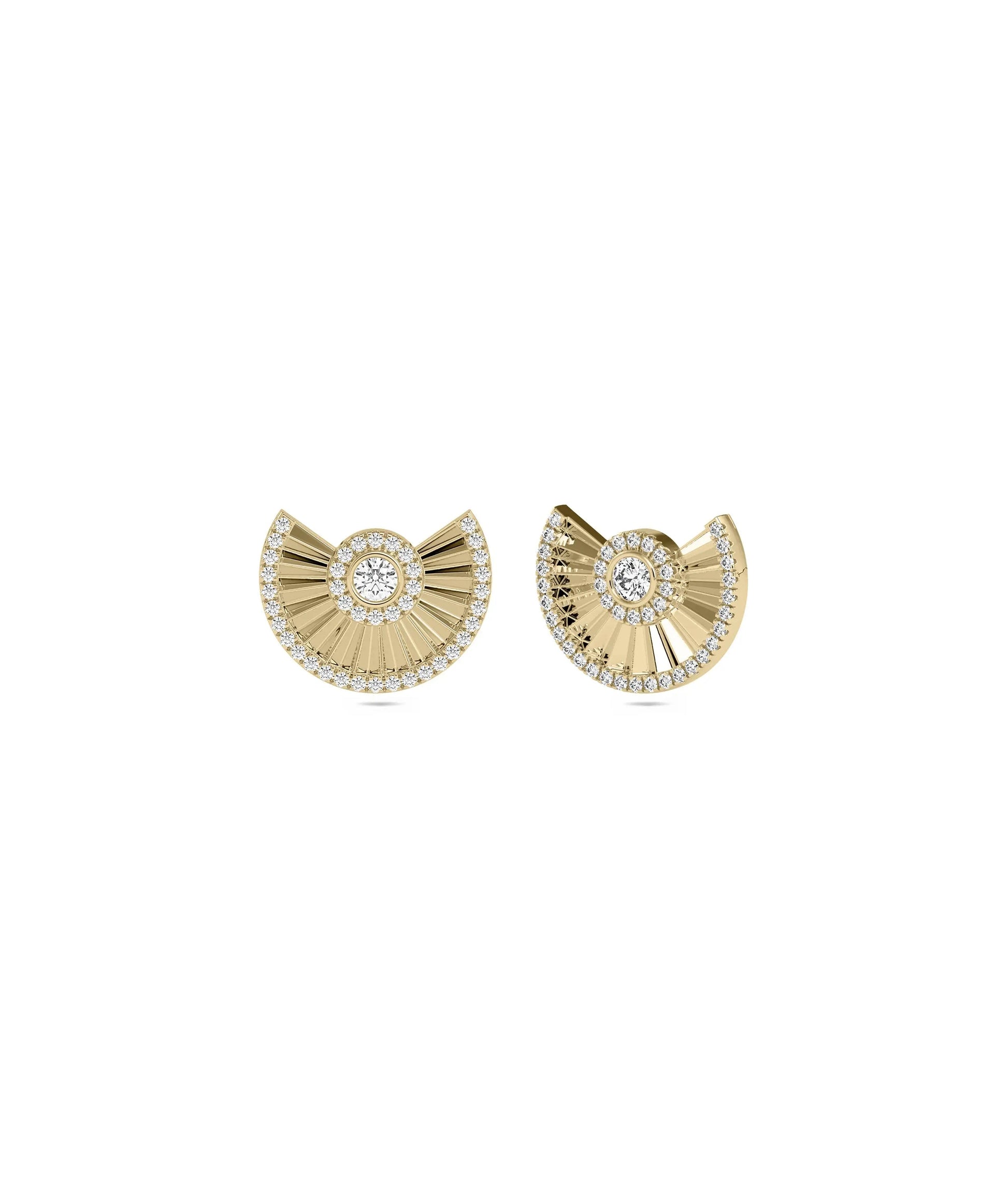 Diamond Gold Fan Stud Earrings yellow gold Art Deco design