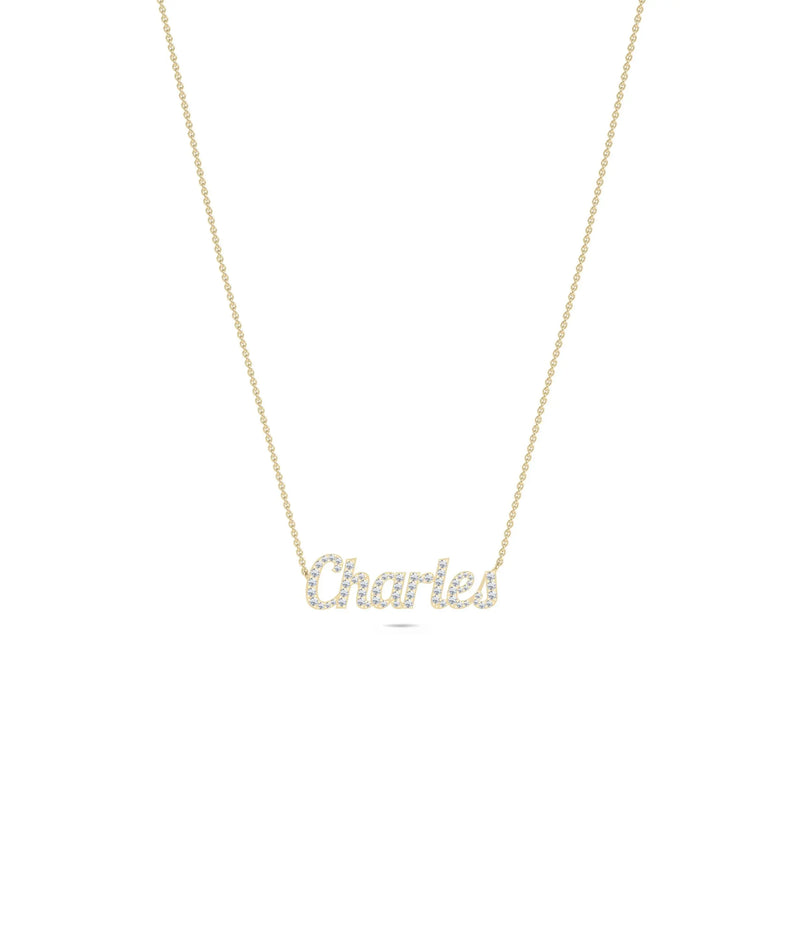 Close-up showing 10mm letters with full pavé diamond coverage