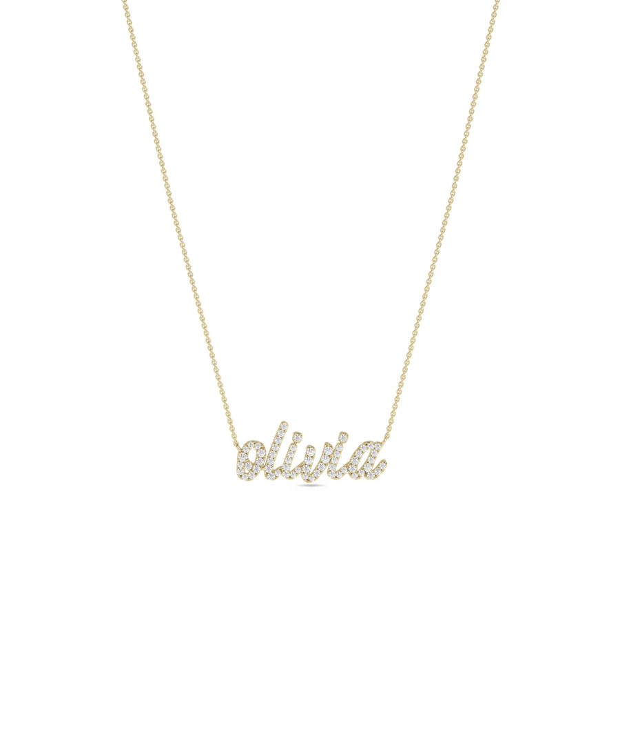 Custom Diamond Pave Name Necklace in yellow gold complete sparkle