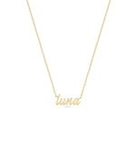 Closeup of Custom Gold Name Necklace script lettering showcasing craftsmanship detail