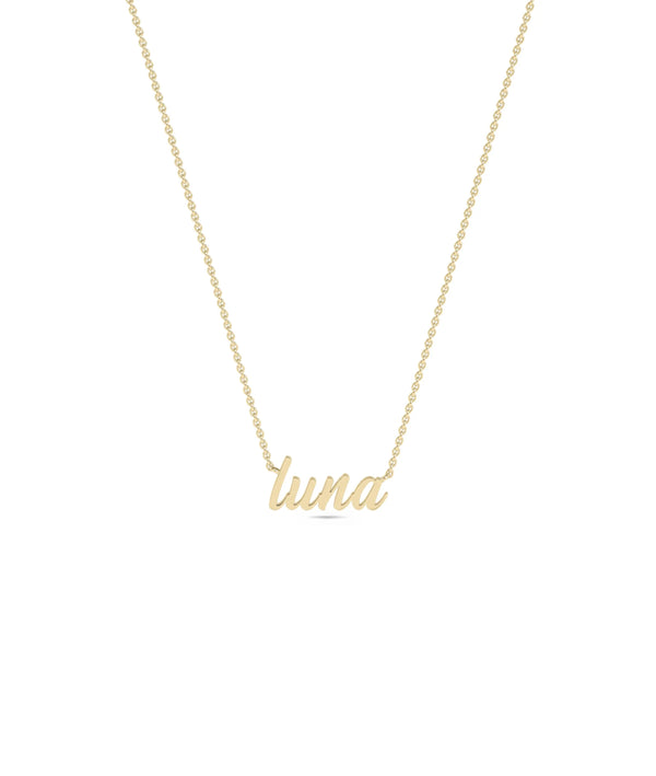 Closeup of Custom Gold Name Necklace script lettering showcasing craftsmanship detail alternate view