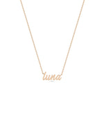 Custom Rose Gold Name Necklace layered with other chains showing versatile styling