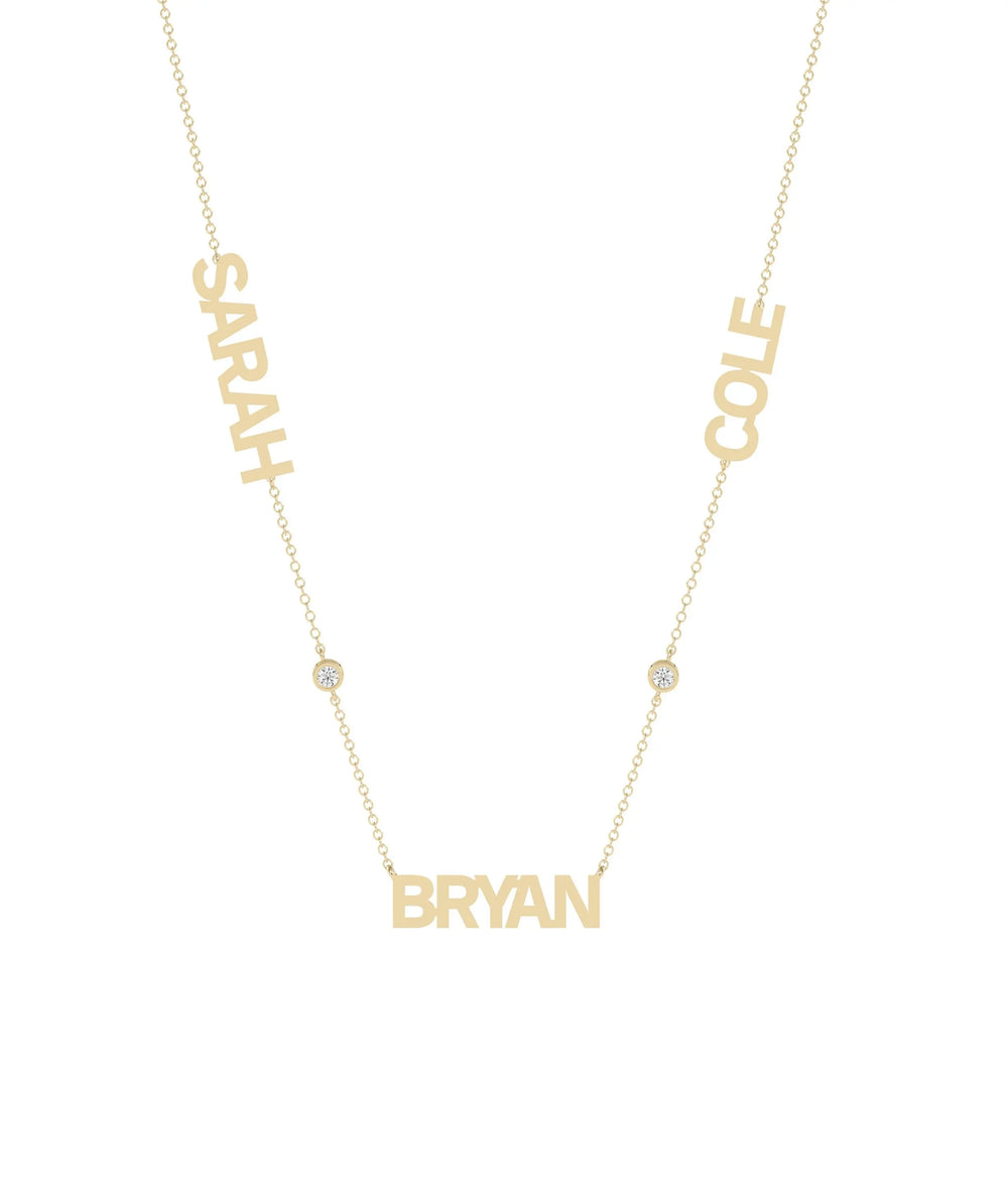 Close-up showing three personalized names with diamond accent