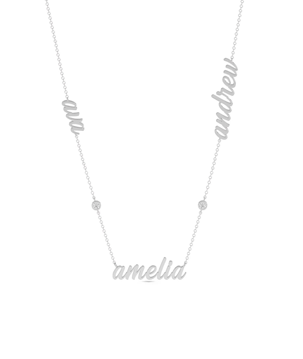 Custom 3 Name Diamond Necklace in white gold elegance