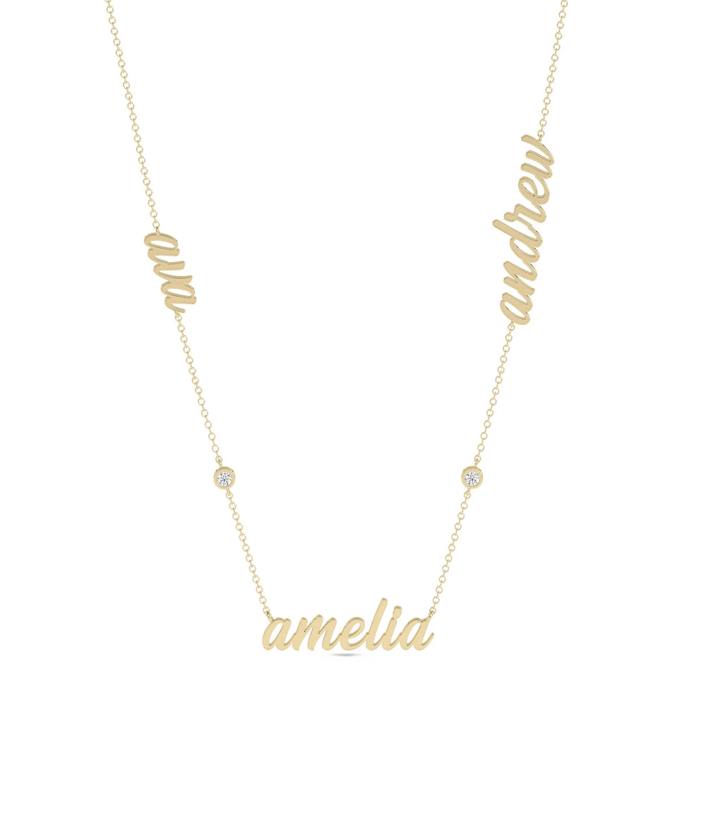 Custom 3 Name Necklace with Diamond Solitaire in yellow gold