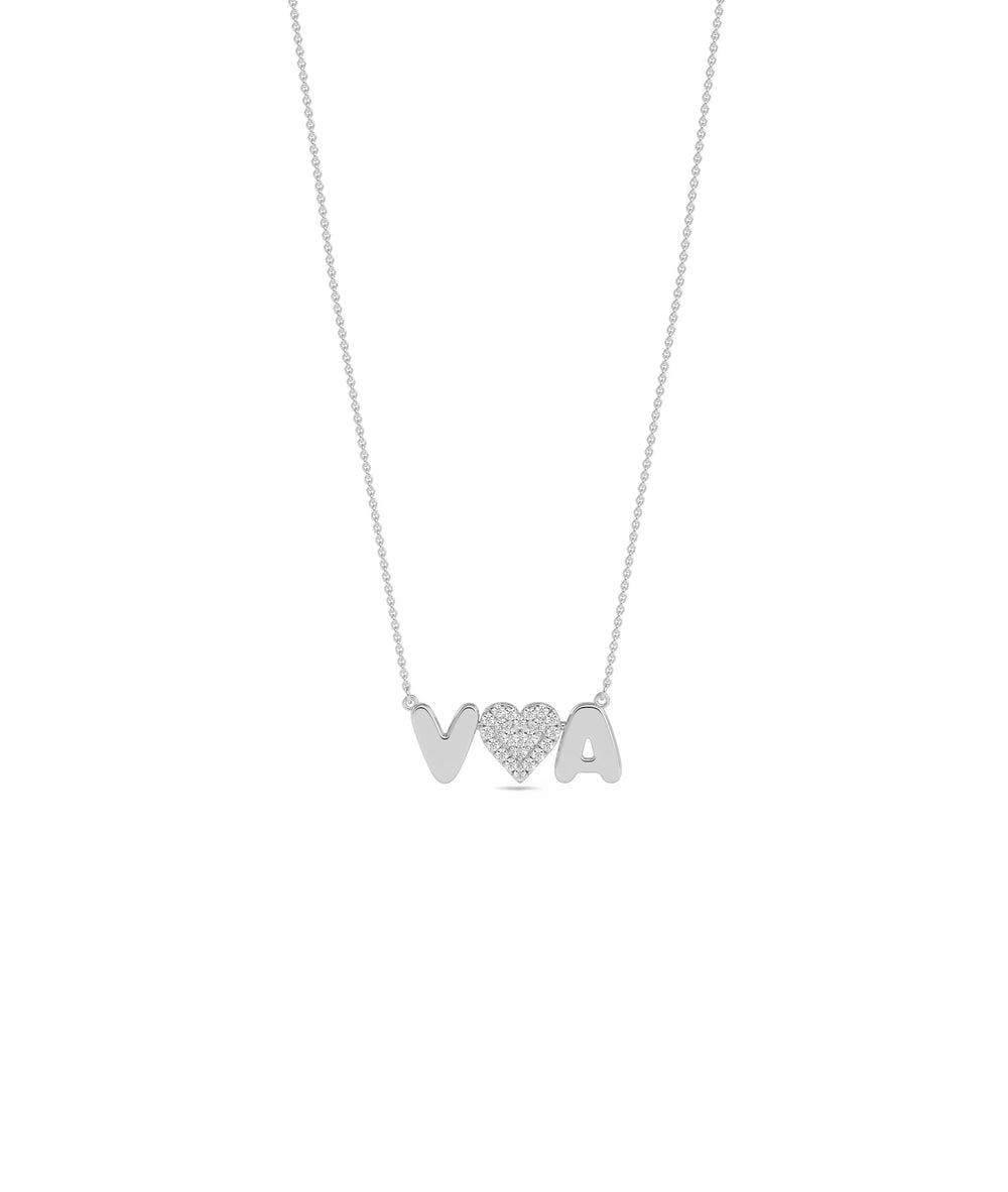 Custom Initial and Diamond Heart Necklace in white gold elegance