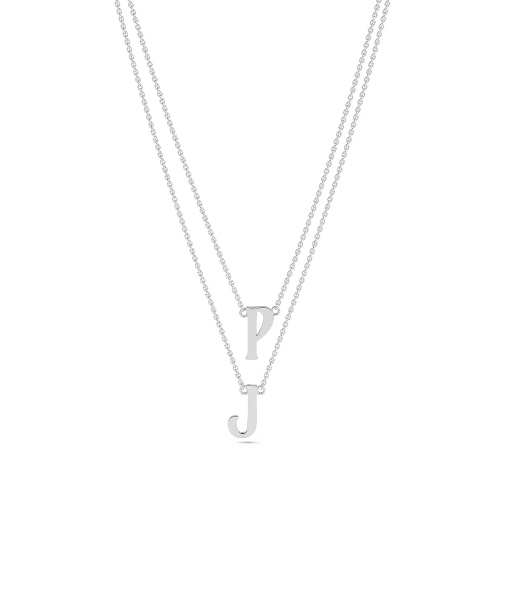 Gold 2 Initial Layered Necklace in white gold featuring 10mm initial pendants