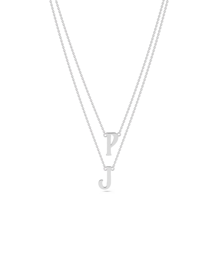 Gold 2 Initial Layered Necklace in white gold featuring 10mm initial pendants