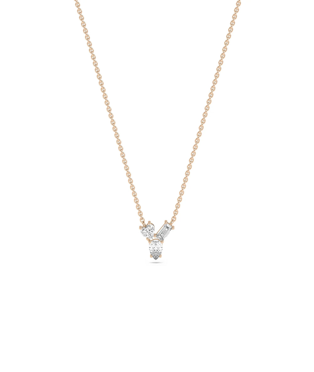 3 Stone Diamond Solitaire Necklace in rose gold romantic styling