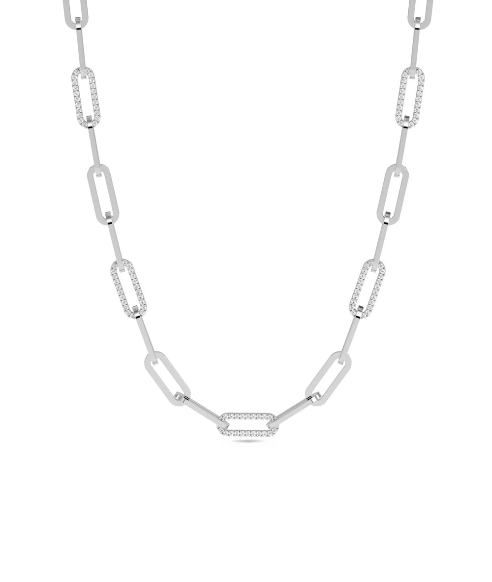 Diamond Pave Paper Clip Necklace in white gold modern styling