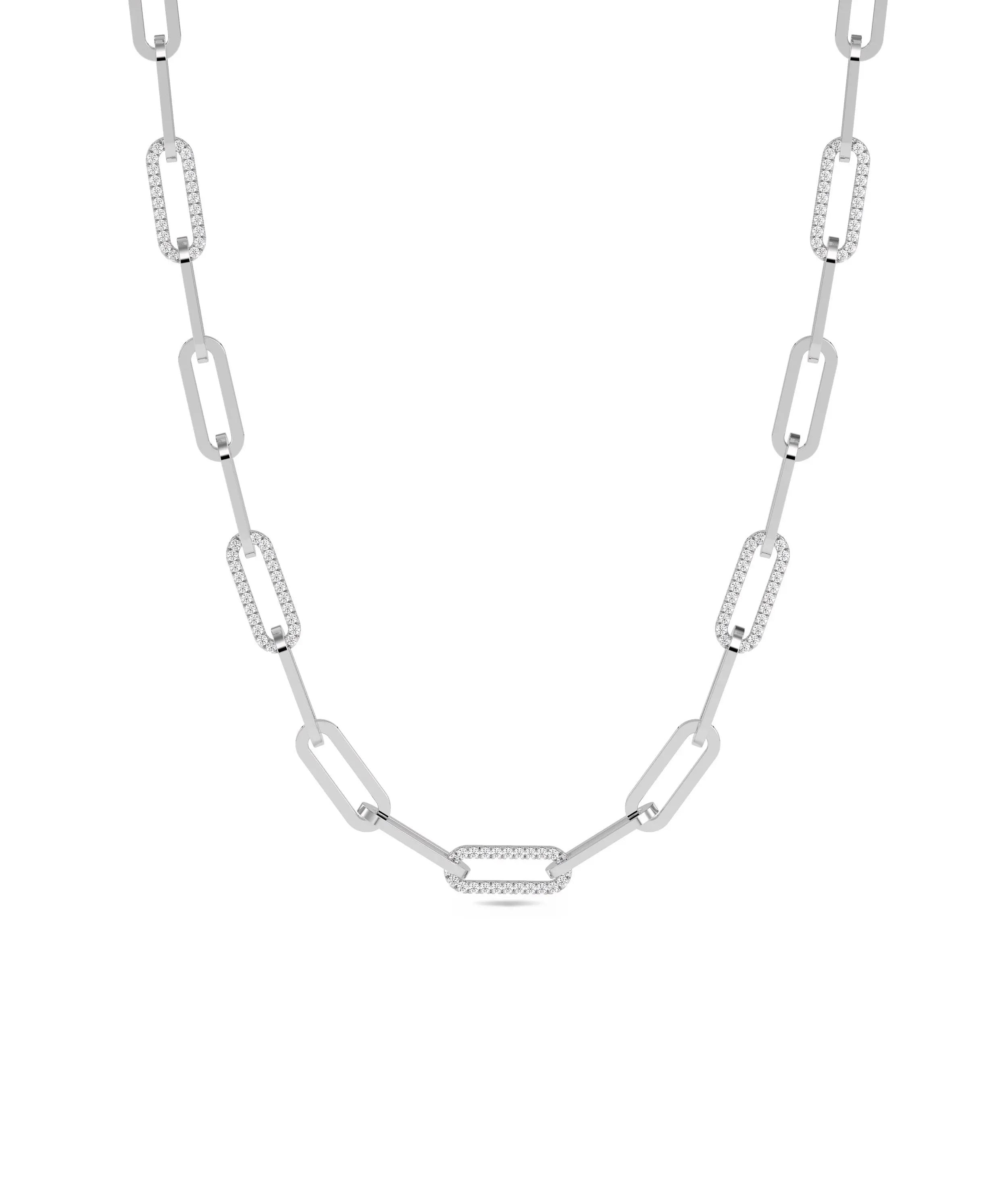 Diamond Pave Paper Clip Necklace in white gold modern styling