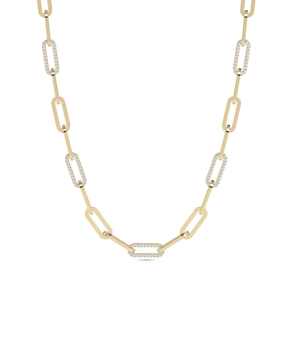 Diamond Pave Paper Clip Necklace in yellow gold with geometric links