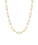 Diamond Pave Paper Clip Necklace in yellow gold with geometric links