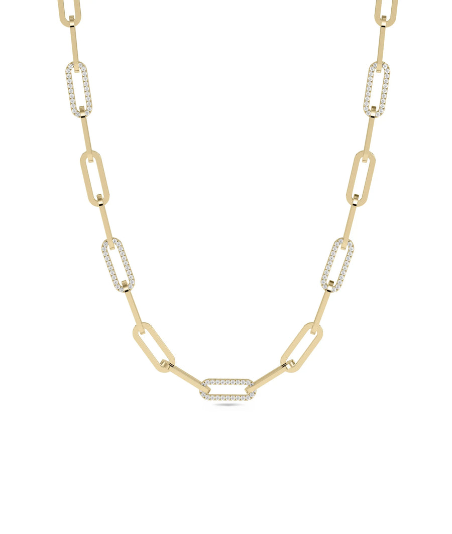 Diamond Pave Paper Clip Necklace in yellow gold with geometric links