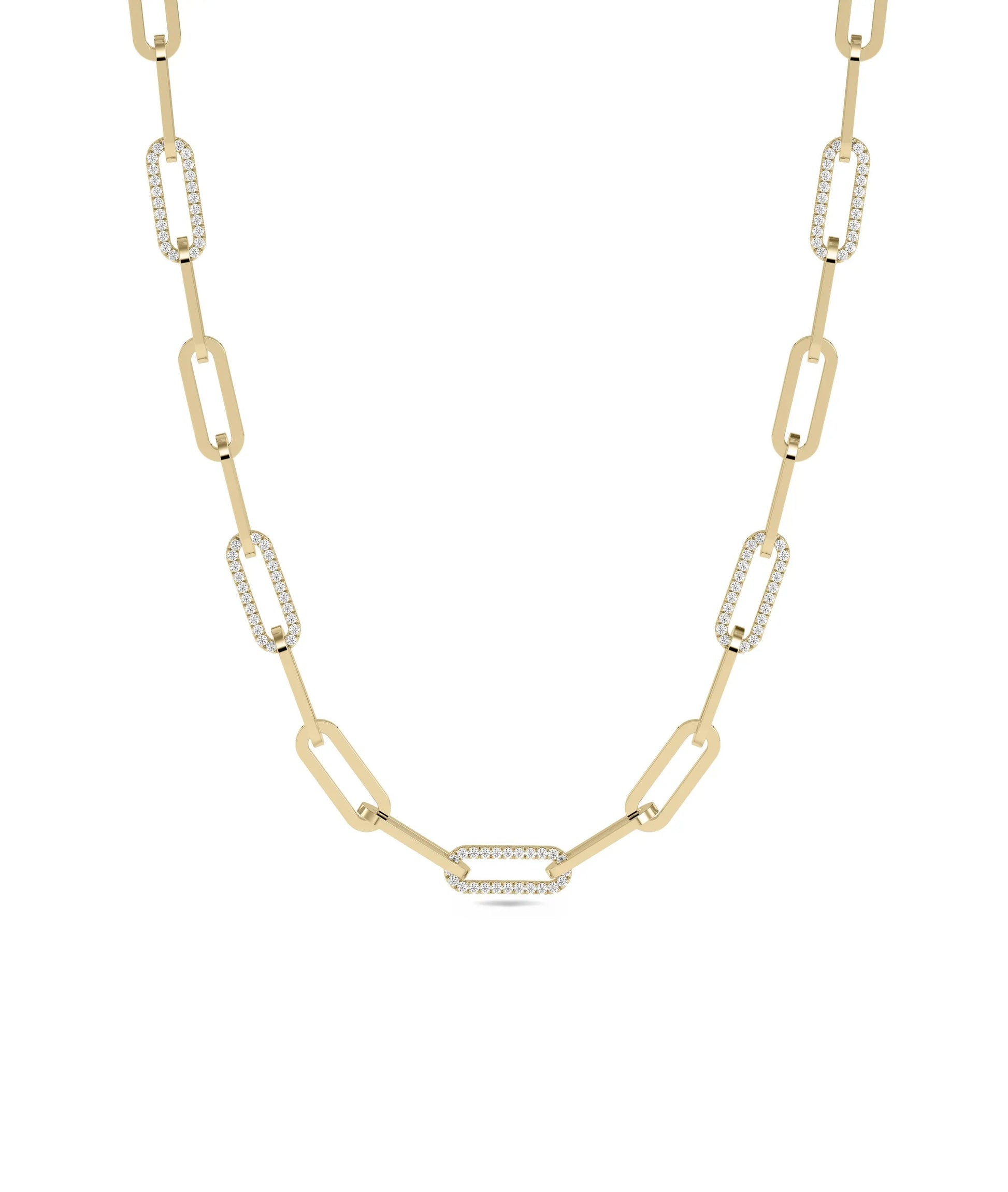 Diamond Pave Paper Clip Necklace in yellow gold with geometric links