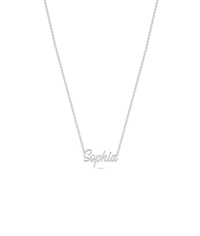 Custom Gold Name Necklace in white gold featuring Scriptive Typeface 1 design