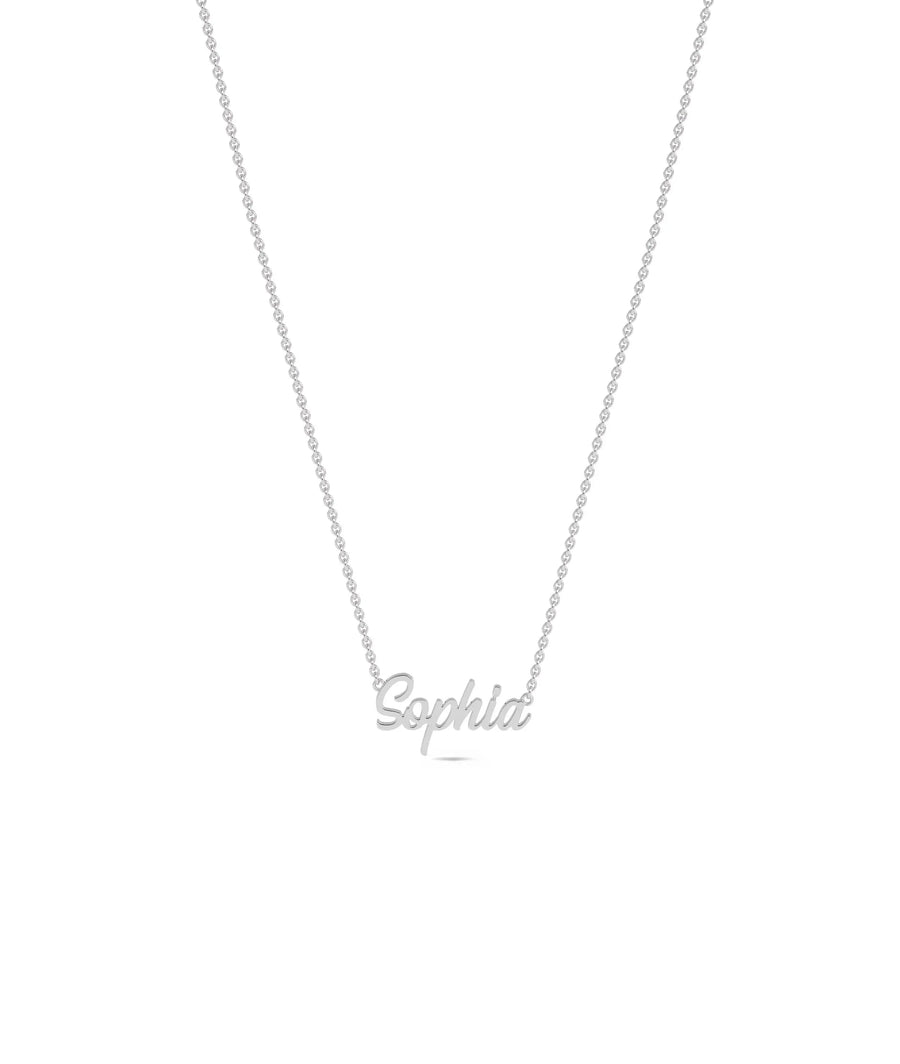 Custom Gold Name Necklace in white gold featuring Scriptive Typeface 1 design