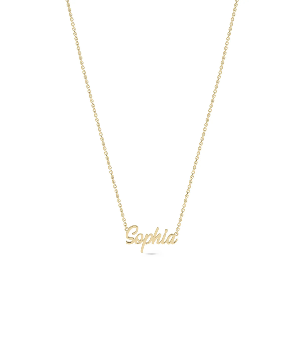 Custom Gold Name Necklace in yellow gold front view with script typography personalization