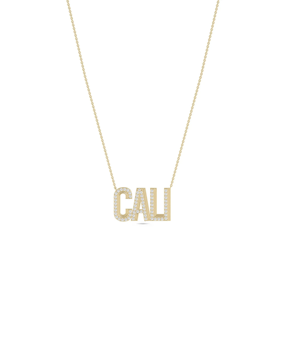 Diamond and Fluted Outline Custom Name Necklace in yellow gold