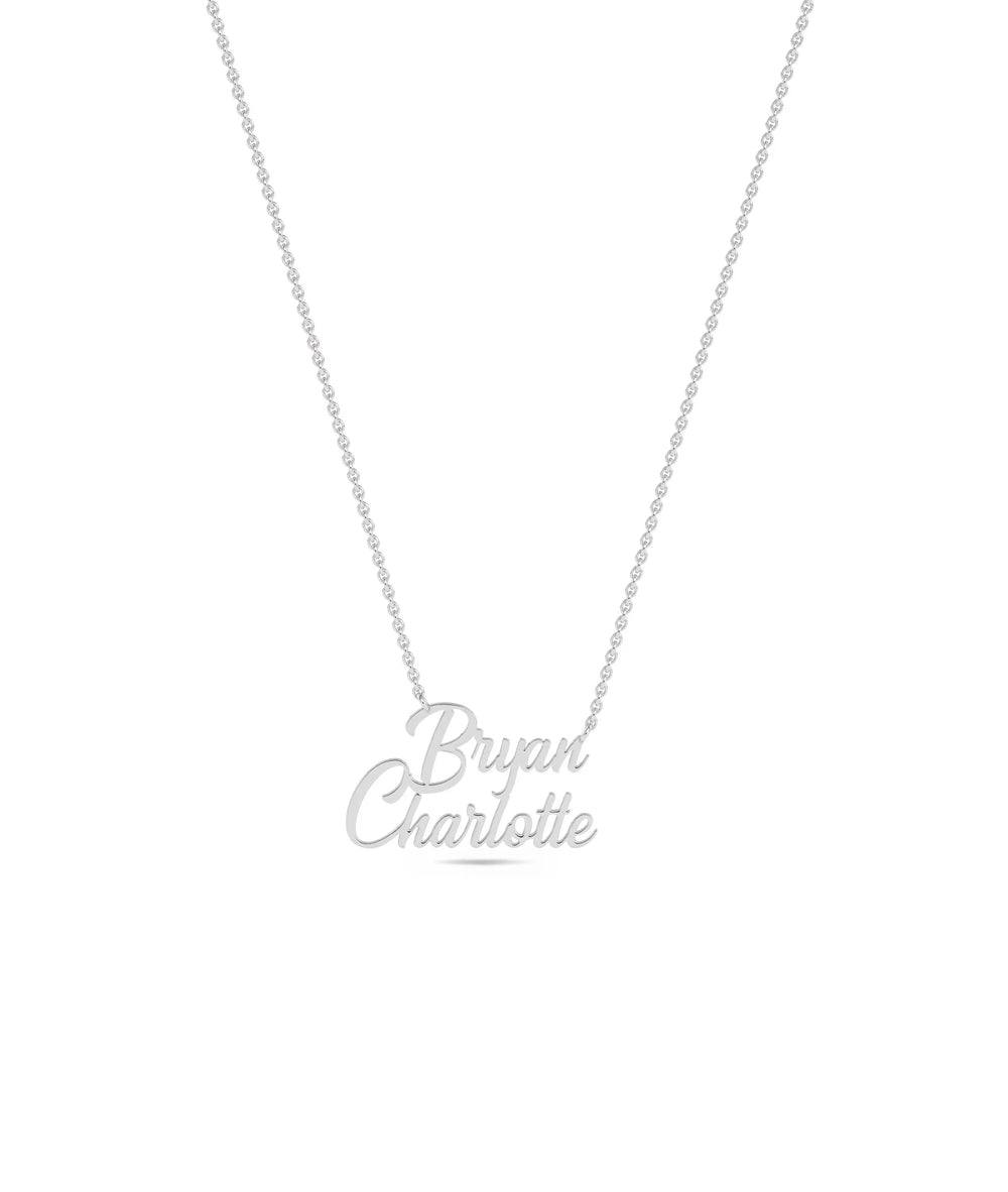 Custom Gold Name Necklace in white gold featuring stacked two-row name layout