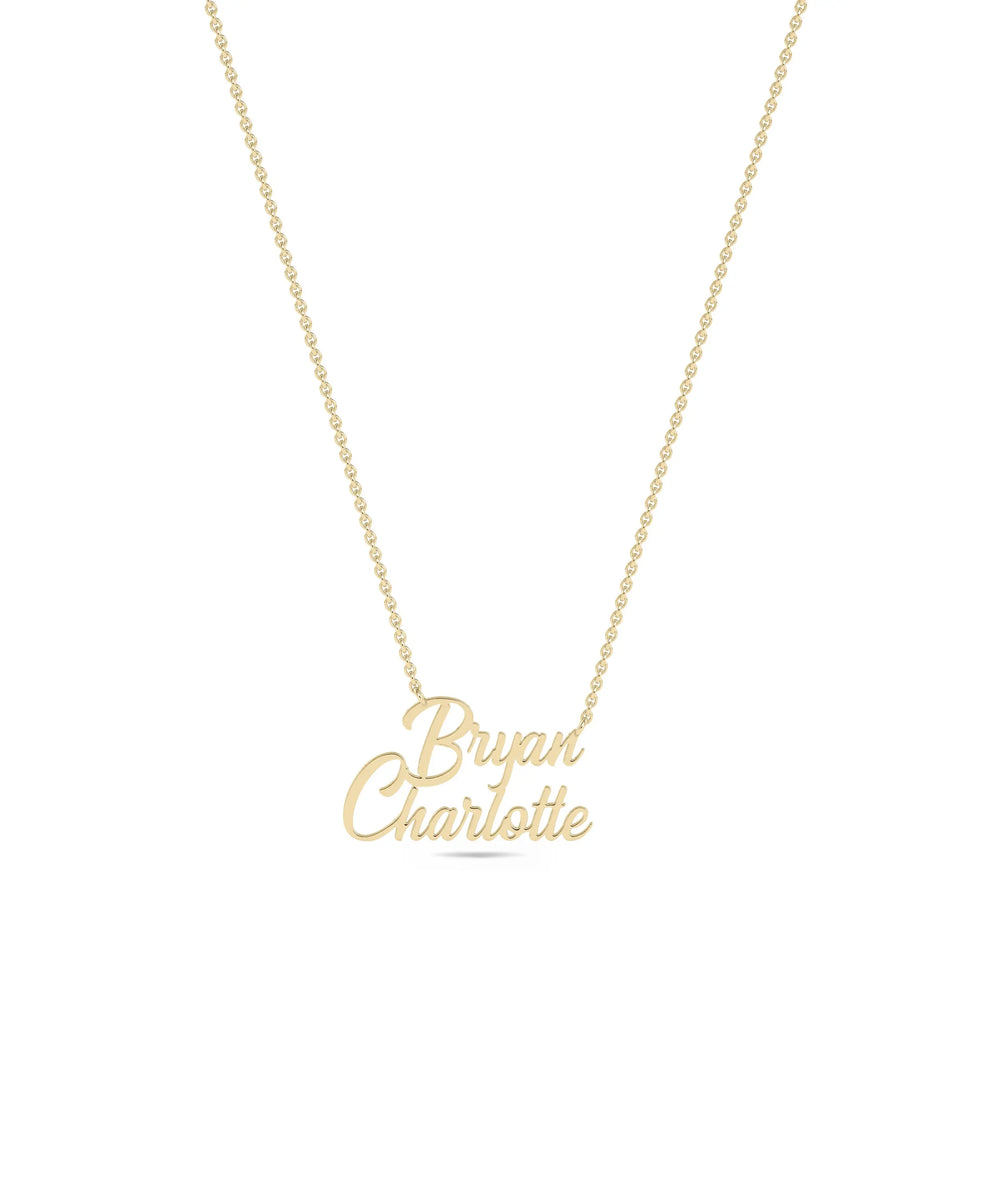 Custom Gold Name Necklace in yellow gold with two-row personalized name design
