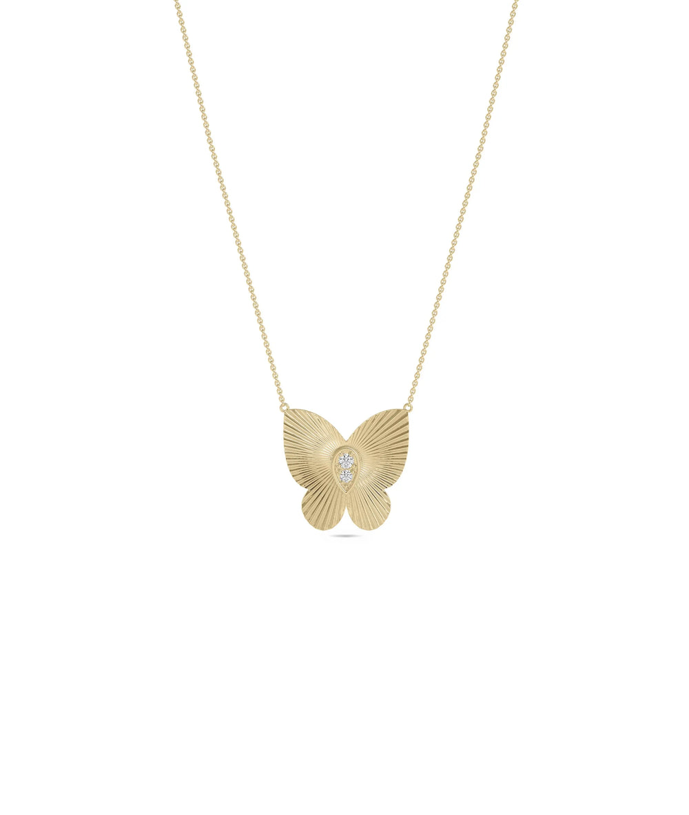 Fluted Butterfly Necklace with Diamond in yellow gold showing textured wings