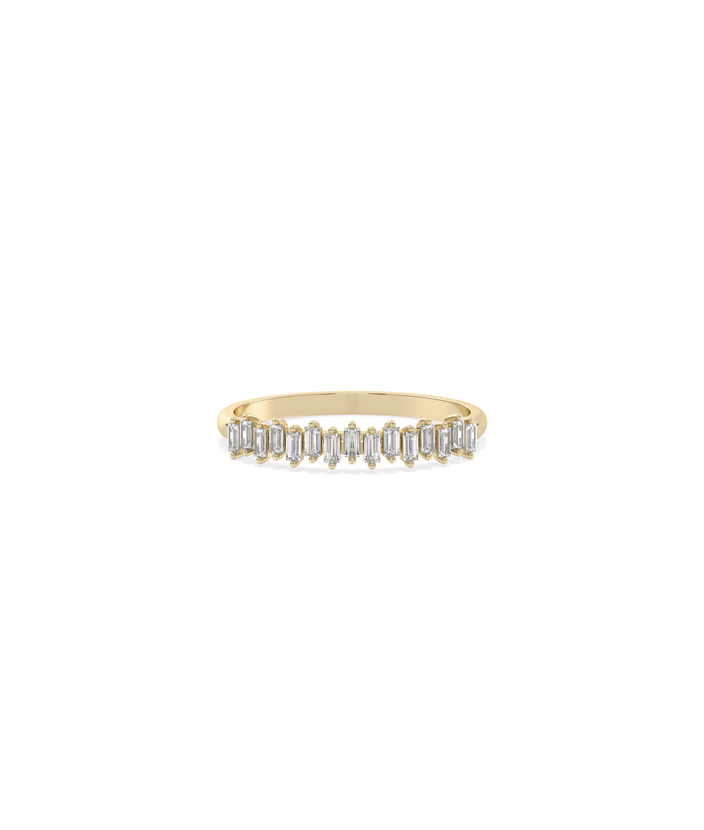 Diamond Baguette Band Ring in yellow gold with row of rectangular baguette diamonds