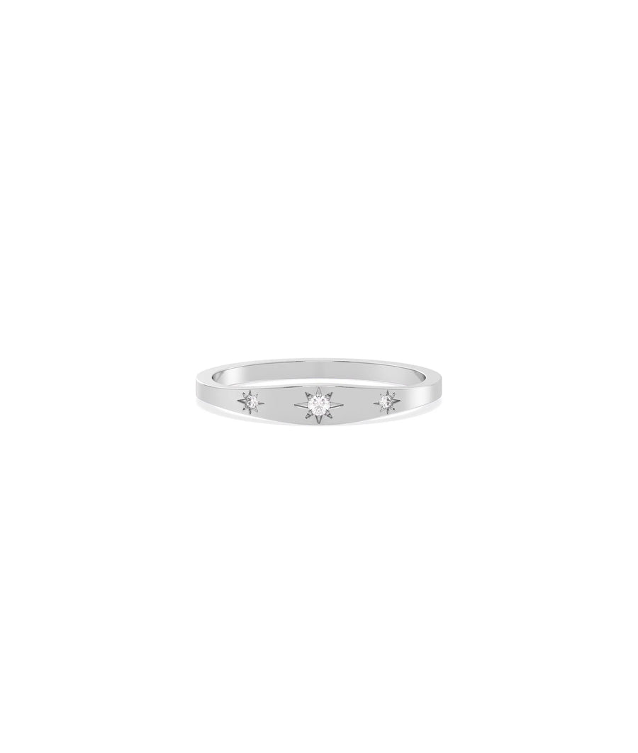 Diamond Starburst Signet Band Ring in white gold featuring celestial starburst with diamonds