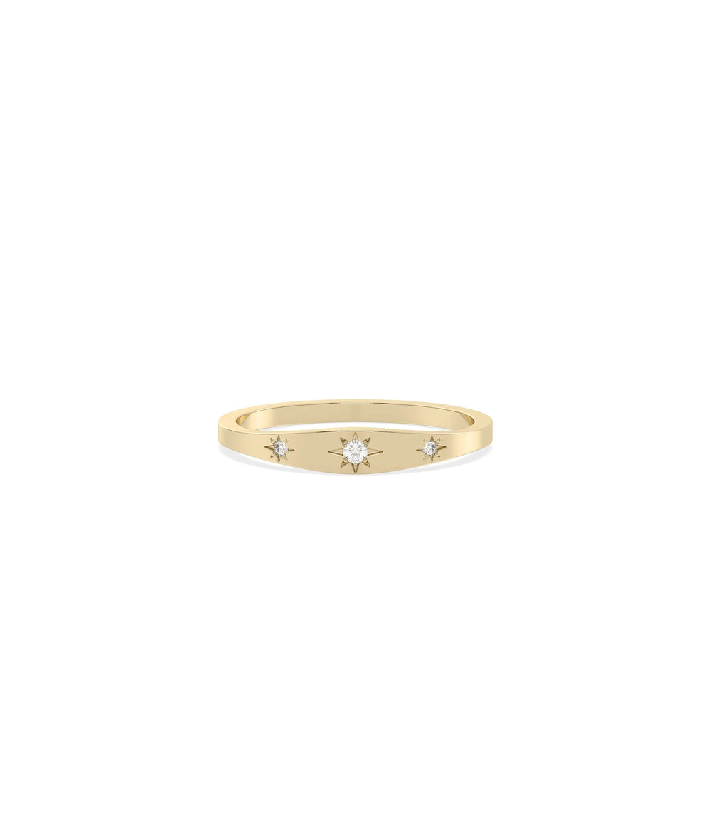Diamond Starburst Signet Band Ring in yellow gold with starburst patterns on band