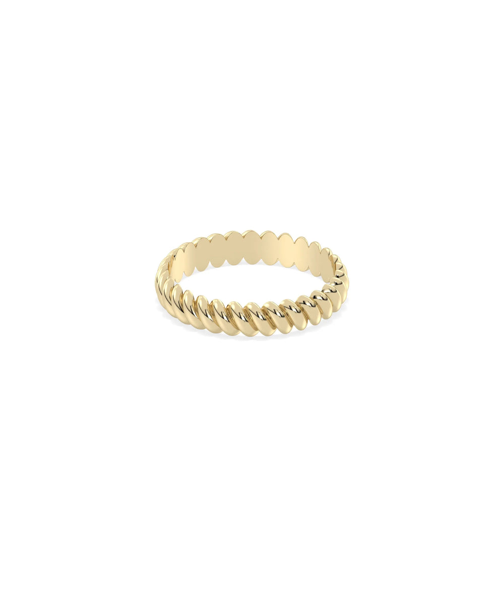 Side view 4 mm Wide Gold Twist Band Ring showing balanced 4mm width and dimensional twist