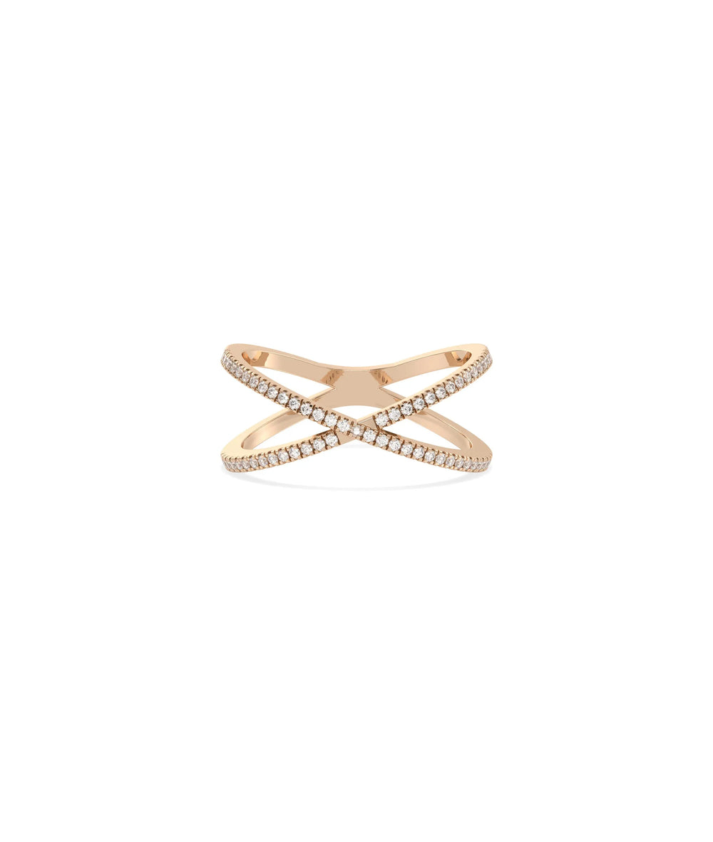 Rose gold Diamond Line Criss Cross Ring with bold diamond-adorned intersecting lines